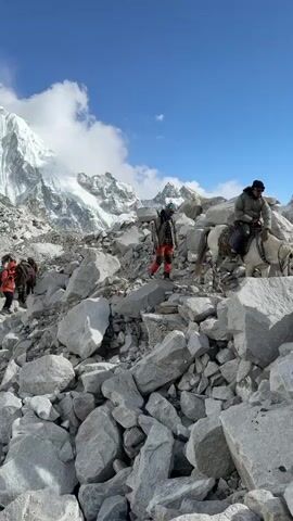 The video captures a group of people navigating a rugged, rocky mountain path under a bright blue sky with scattered clouds. The ground is dominated by large, light grey boulders and scree. In the background, massive snow-capped mountains and extensive glaciers are prominently visible, displaying intricate ice formations.

Several individuals, dressed in trekking gear, including some in bright orange jackets, are seen walking along the challenging terrain. At least two people are riding on the backs of mules or horses, typically used for transport in such high-altitude environments. Further in the distance, a collection of colorful tents, likely a base camp, is perched on a relatively flatter section of the glacial landscape. A small, partially frozen body of water is also visible near the base of the glacier. The bright daylight suggests it is daytime. The scene depicts an expedition or trek in a high-altitude, glacial region, consistent with the area around Khumjung, Nepal.