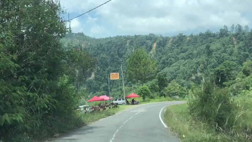 A car is driving on a winding road through a lush green mountainous landscape. The road is paved and has white lines marking the lanes. On the left side of the road, there are several red tents set up, suggesting a roadside market or rest stop. A white van is parked near the tents. A yellow sign with text is visible on a pole near the tents. Tall green grass and trees line the sides of the road, and the mountains in the background are covered in dense forest. The sky is partly cloudy.