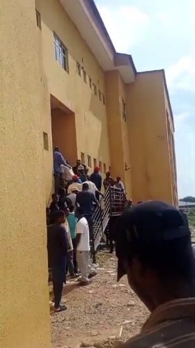 Crowds gather at ICT Centre building in Keffi, Nigeria