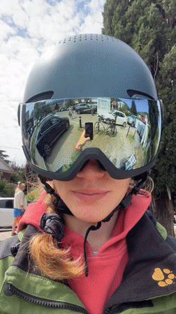 Woman films helmet selfie videos in Montenegro mountain town