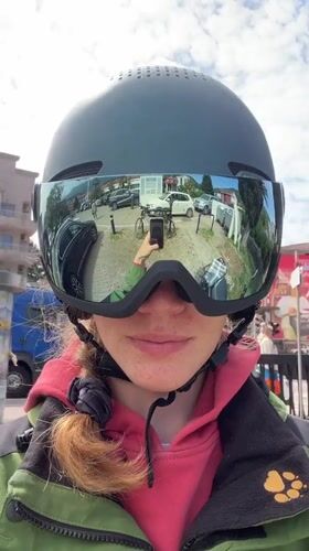 Woman films helmet selfie videos in Montenegro mountain town