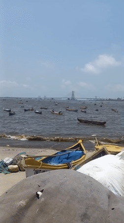 Morning fishing boats active near Mumbai's Bandra-Worli Sea Link