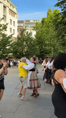 Folk dancers perform traditional routine in Budapest public square
