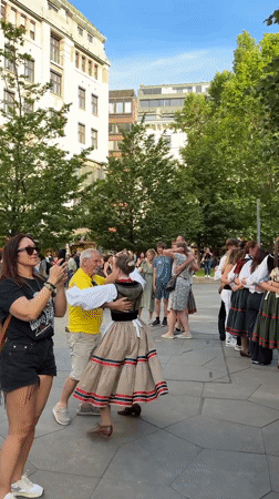 Folk dancers perform traditional routine in Budapest public square