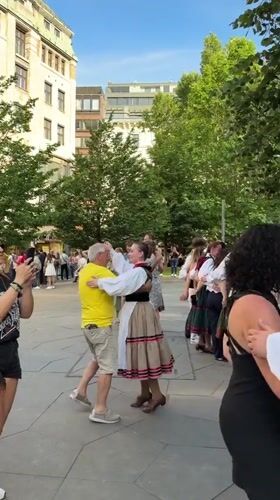 Folk dancers perform traditional routine in Budapest public square
