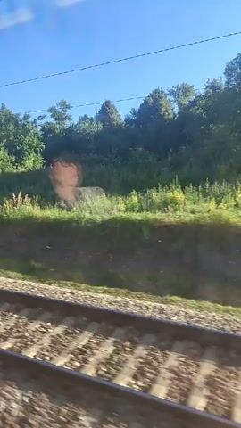 The video shows a view from a moving train window. The landscape outside consists of green vegetation, trees, and blue sky. The train tracks are visible in the foreground. There are also some man-made structures, including utility poles and what appear to be remnants of buildings or infrastructure. The lighting suggests it is daytime, possibly morning or afternoon, with clear weather. The movement of the train causes a slight blur and motion effect on the scenery.
