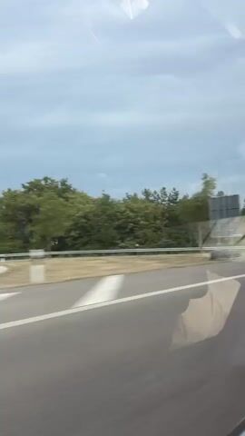 The video shows a view from a moving vehicle, looking out a window. A highway is visible, with a white line marking the lane. On the left side of the highway, there is a large gray rectangular structure that appears to be a billboard, with some blurry green trees behind it. A white guardrail runs along the side of the road. Further back, there are more trees and a cloudy sky. The image is blurry due to the motion of the vehicle.
