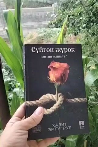 A person's hand holds up a book titled "Suigön Jurok" in front of a blurry background of green corn stalks and trees. The book cover features a red rose tied with a rope. The person's thumb and index finger are visible, gripping the spine of the book. The background suggests an outdoor setting with foliage and a hint of a brick wall structure.