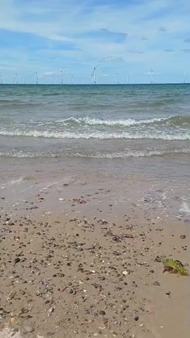 A beach is shown with waves rolling onto the shore. The water is a greenish-blue, and the sky is cloudy with a few patches of blue. In the distance, a row of wind turbines stands on the horizon. The beach is covered in sand and small pebbles, with some seaweed visible on the right side of the frame. The video is shot from a low angle, looking out towards the water.