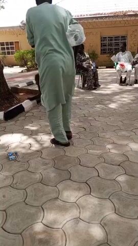 Here is a description of the video:
The video shows a monkey walking around in an outdoor area. A man in a light green outfit walks by the monkey, seeming unbothered by its presence. Two people sit in chairs in the background. The monkey appears to be looking for something on the ground and is sniffing around. The ground is paved with interlocking patterned stones. A tree and a building are visible in the background. The overall environment looks like a courtyard or outdoor waiting area.