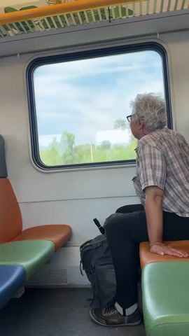 A man with gray, curly hair and glasses is seated on a train, looking out the window. He is wearing a checkered shirt and dark pants. Next to him on the floor is a dark gray backpack. The train has seats in orange, green, and blue. The view outside the window shows trees and a cloudy sky. The train appears to be moving, as the scenery outside is blurred.