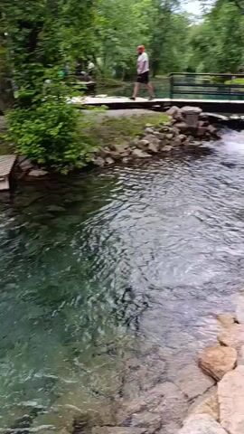 This video captures a serene outdoor scene, likely in Sdt Shcherbakovka, Russia, featuring a clear, pristine body of water, possibly a spring or a very clean river. The water is so transparent that the rocky bottom and pebbles are clearly visible. A wooden walkway with steps leads down into the water, providing access.

On the walkway, a woman with her hair pulled back is shown cautiously approaching the water's edge, holding onto the metal railing for support. She appears to be preparing to enter the water, possibly for a swim or a refreshing dip. Her attire, a light-colored top and dark pants, suggests a casual outing. She is wearing pink slippers.

In the background, another set of wooden stairs descends into the water from a slightly elevated platform. A bicycle is visible leaning against a tree near this platform, suggesting that the visitors may have arrived by bike. The surrounding environment is lush with greenery, with trees and foliage framing the scene, indicating it's likely springtime or summer. The overall atmosphere is peaceful and inviting, suggesting a pleasant day for outdoor recreation. The time of day appears to be daytime, with soft, natural light.