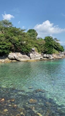 The video depicts a scenic view of a rocky coastline with clear, turquoise water. Lush green trees and vegetation cover the rocks forming a small headland. In the distance, across the water, there is a coastal city visible with its skyline against the backdrop of rolling hills and a bright blue sky dotted with fluffy white clouds. The focus is on the crystal-clear water, revealing underwater rocks and pebbles. There is no visible human activity in the immediate foreground.