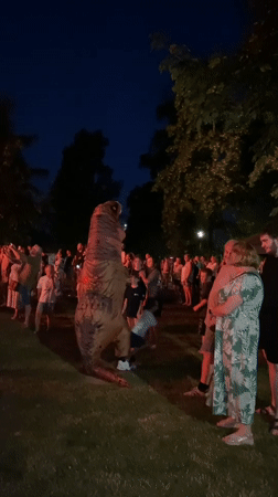 T-Rex costume draws a crowd at a night gathering in Buk