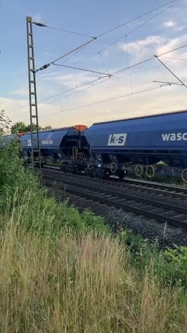 A long blue train with multiple open-top hopper cars travels along a railroad track. The train cars are marked with the logos "wascosa" and "K+S". The sky is clear and blue with a few wispy clouds. Tall green grass and foliage line the sides of the tracks, with a utility pole visible on the left. The train appears to be moving from left to right.