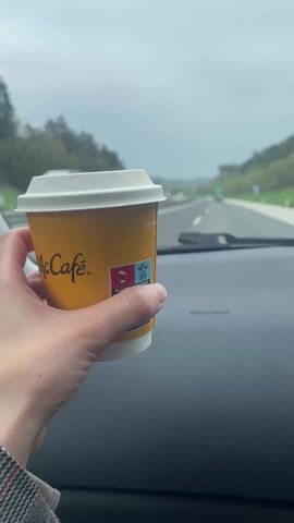 A hand holds a McCafe coffee cup inside a car. The car is moving on a highway. The sky is overcast, and there are trees visible in the distance. Other cars are visible on the road ahead.