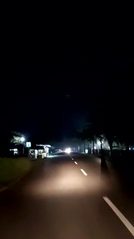 The video shows a dark road at night, lit by the headlights of a vehicle. The road has white lines marking the lanes. On the left side of the road, there's a small roadside stall with lights on. Palm trees line the right side of the road, intermittently illuminated by streetlights. Other vehicle headlights are visible in the distance.