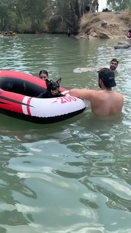 A dog sits in an inflatable red and black raft in the water. A woman is partially visible behind the dog. A man in a white tank top is in the water behind the raft, facing away from the camera. The water is green and murky, with ripples on the surface. The background shows a rocky bank with trees and people swimming in the distance. The raft has the words "ATLANTIC 200" visible on its side.