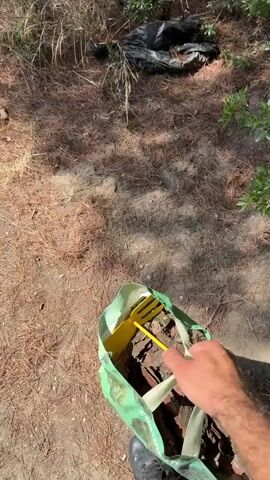 A person's hand, holding a yellow garden rake, is visible in the foreground. The rake is inside a green and white bag, which is partially filled with soil and what appears to be bricks. The background shows a wooded area with dry pine needles on the ground, bushes, and a large tree trunk. In the distance, there is some black plastic debris. The scene appears to be outdoors in a natural, possibly dry environment.
