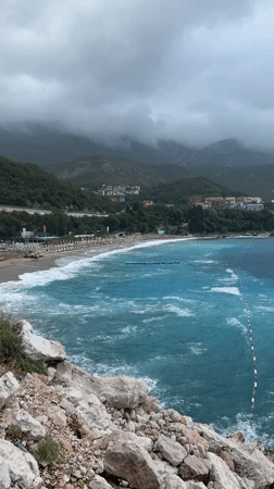 Choppy turquoise waters at Kamenovo beach on a misty morning