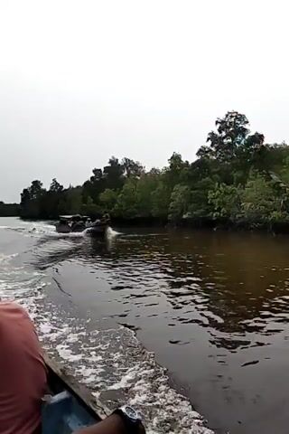 A video shows a dark, murky river with a boat moving through it. Lush green vegetation lines the riverbanks, with trees and palm-like plants visible. In the distance, another boat can be seen with several people on board. The sky is overcast and appears pale. The camera seems to be positioned from within a boat, with the wake of the boat visible in the foreground.