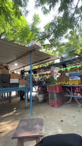 This is a video of an outdoor fruit stand with two people. The stand has a metal roof supported by blue poles. In the foreground, there is a table. To the left of the stand, a person wearing a mask and a checkered shirt is seen. In the center of the stand, there are bananas, other fruits, and a scale. To the right, a man in a light-colored shirt and dark pants is standing and looking towards the stand. A motorcycle is parked to the right of the fruit stand. The environment appears to be a street with trees and buildings in the background. The lighting suggests it is daytime.