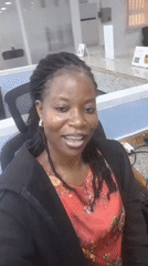 Selfie series from an office cubicle, same outfit, multiple angles
