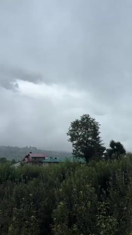 The video shows a cloudy, overcast sky over a lush green landscape. In the foreground, there are dense trees and bushes. In the middle ground, there are a few houses with red and green roofs. In the background, there are hills covered in trees and mist. The overall mood is calm and serene. There are no people or actions visible in the video. The video appears to have been filmed from a slightly elevated position, looking out over the landscape. The sky is a uniform gray, with some darker clouds visible in the distance. The mist on the hills adds to the atmospheric quality of the scene.