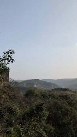 The video pans across a wide, forested valley under a bright, hazy sky. The sun occasionally peeks out from behind the clouds, casting rays across the landscape. The valley is filled with green trees and rolling hills, creating a layered view into the distance. The camera slowly moves, revealing the depth and expanse of the valley, highlighting the natural beauty of the scene.