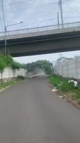 Here is a forensic description of the video:

The video shows a low-angle, point-of-view shot of a gray asphalt road leading uphill towards a bridge.  The road is bordered on both sides by concrete walls, with grass and some trash visible along the edges. A larger concrete bridge overhangs the road in the foreground.  

As the camera moves forward and up the road, it transitions onto the bridge.  The bridge has metal railings with a mesh-like covering. Looking over the bridge, a highway with moving cars and trucks is visible below.  In the distance, a mountain range is faintly seen through a hazy sky. The lighting is overcast.