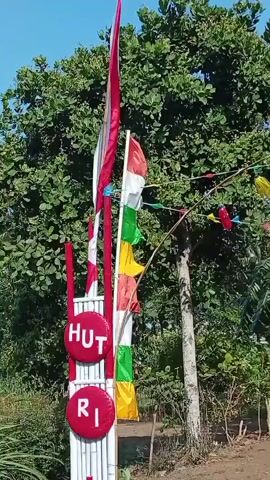 The video shows a flagpole with the Indonesian flag, red and white, flying in the wind. There are also several smaller colorful flags strung along a wire above the flagpole. To the left of the flagpole, there is a white sign with red circles that read "HUT RI." The background consists of lush green trees and a clear blue sky. The overall scene appears to be outdoors, possibly in a public space or a yard, celebrating Indonesian Independence Day. There are no people visible in the video, and no actions or interactions are occurring besides the flags waving in the wind.