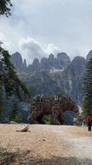 Driftwood bear sculpture against the Dolomites in Molveno