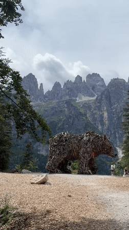 Driftwood bear sculpture against the Dolomites in Molveno