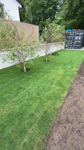 The video shows an outdoor area undergoing landscaping, likely a garden or yard. In the foreground, a section of bare earth or soil is visible, transitioning to a newly laid, vibrant green lawn. Two young trees are planted in the established lawn. Behind the lawn, a grey concrete wall runs horizontally, with a bamboo-style fence above it. To the left, part of a white building is visible.

In the background, a black shipping container is situated on the right side of the lawn, with a white pipe leaning against it. Text is visible on the container, including "22G1" and "227184". Lush green trees form the backdrop, indicating a natural or suburban environment.

Two individuals are present in the background, working on a section of soil where grass is yet to be laid. One person is pushing a wheelbarrow, while the other appears to be working on the ground. The activity suggests the installation of new sod or grass. The weather appears to be overcast, and it is daytime.