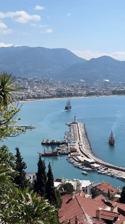 Morning views document Alanya's bustling Mediterranean harbor and coastline
