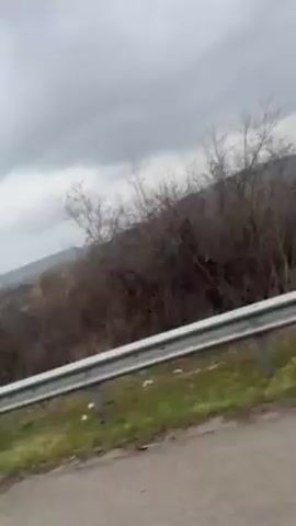 The video shows a view from a moving vehicle on a cloudy day. The camera is angled to the side, capturing the roadside scenery. A silver guardrail runs along the bottom of the frame. Beyond the guardrail, there are trees with bare branches, suggesting it may be late fall or winter. Further in the distance, a green field stretches towards a low mountain range under a grey sky. A road sign with a damaged or faded surface is seen briefly as the car passes. The overall scene appears to be a rural landscape.