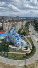 Orthodox church with golden domes viewed from above in Kazan