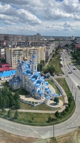 Orthodox church with golden domes viewed from above in Kazan
