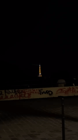 Eiffel Tower's nightly illumination observed from Paris street