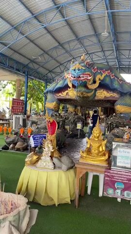 The video shows an outdoor shrine with a large, colorful sculpture of a turtle-like creature in the background. The turtle has a blue and green shell with gold accents and a dragon-like head. The shrine is covered by a metal roof supported by blue pillars. In the foreground, there are several golden Buddha statues, a statue of a snake with a red cobra head, and various offerings. People can be seen walking around the shrine in the background. The ground is covered with artificial green grass.
