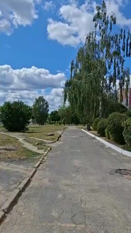 The video shows a paved pathway on a sunny day with a blue sky and white clouds. There are trees and bushes on either side of the pathway, and a building can be seen in the distance. The pathway appears to be cracked and weathered. The camera is moving forward, giving the impression of someone walking along the path.