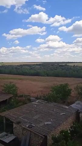 The video shows an aerial view of a rural landscape under a bright blue sky with scattered white clouds. In the foreground, there are dilapidated buildings with corrugated roofs, possibly sheds or outbuildings. Further back, there is dry, brown vegetation and a line of trees, beyond which lies a flat, open field. In the middle ground, a small blue car and a dark van are parked in a grassy area. A large green tree dominates the right side of the frame, and a blue umbrella with a Pepsi logo is visible in the lower right corner. The scene appears to be a backyard or a small property adjacent to a field.