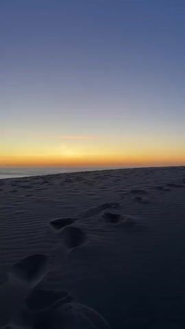 The video shows a series of aerial shots of sand dunes at sunset. The sky transitions from a deep blue at the top to a soft orange and yellow near the horizon. Footprints are visible in the sand, suggesting human presence. The landscape is vast and open, with the sand dunes stretching out towards the horizon. In some shots, a dark line of vegetation can be seen in the distance, contrasting with the sandy terrain. The camera moves smoothly, providing a sweeping view of the dunes and the sunset. The lighting is dim and atmospheric, characteristic of twilight. There are no people or animals visible in the frame. The overall impression is one of solitude and natural beauty.