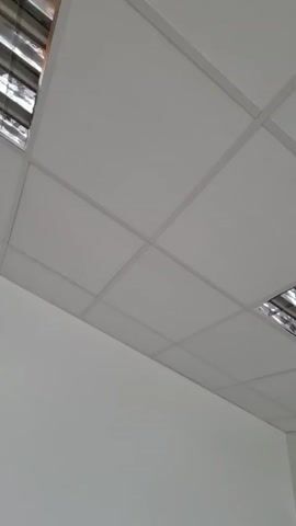 A ceiling made of white acoustic tiles is visible, with some tiles displaced, revealing a dark void above. The tiles are set in a grid of silver metal supports. Fluorescent light fixtures are embedded in the ceiling, with one fixture clearly visible on the right side of the frame, and another, partially obscured, on the left. The walls appear to be painted white and extend upwards to meet the ceiling. The camera is angled upwards, focusing on the ceiling. There are no people or other objects visible in the frame.