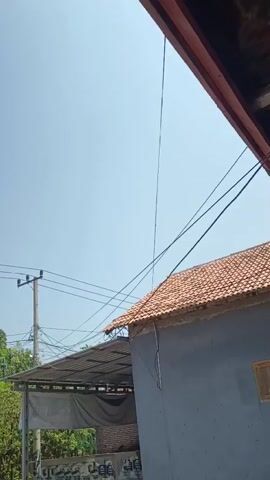 A still shot of an outdoor scene on a clear, sunny day. In the foreground, a dark, slanted surface, likely part of a roof or overhang, occupies the top right corner. Below this, a gray structure with a tiled roof is visible. A section of a canopy with a dark tarp extends from a building on the left. Beyond the structures, lush green trees and foliage are present. A utility pole with numerous wires stretches upwards against a bright blue sky.