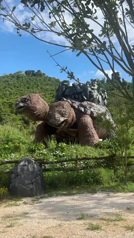 A large, realistic sculpture of a tortoise with a rocky shell is situated in a grassy, outdoor area. The sculpture is positioned behind a rustic wooden fence, and a gravel path is visible in the foreground. Lush green hills and trees form the backdrop under a blue sky with scattered clouds. A large tree branch with leaves extends from the top right of the frame, partially obscuring the view of the sky.