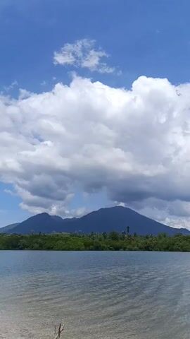 The video shows a view of a tranquil body of water, possibly a lake or bay, on a sunny day with a partly cloudy sky.  The water is a light blue color, reflecting the sky, and has gentle ripples. In the background, there is a lush green line of trees and vegetation that appear to be mangroves. Beyond the trees, a dark mountain range looms against the sky, with peaks varying in height.  The sky is blue with a substantial presence of large, fluffy white clouds. The perspective is from a low angle, with a foreground of sandy ground or beach.  The overall scene is calm and scenic.