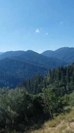 Bulgarian mountain view paired with a social media engagement request
