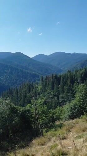 Bulgarian mountain view paired with a social media engagement request