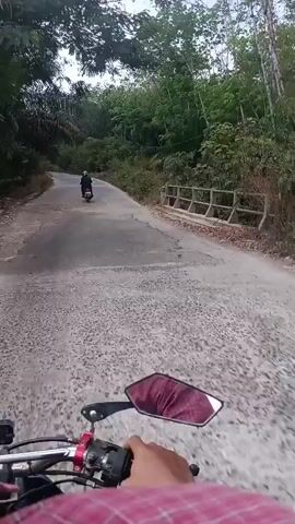 The video is a first-person perspective shot from a motorcycle. The motorcycle is moving forward on a paved road. There is another motorcycle ahead of the camera, also moving forward. The road is flanked by trees and vegetation on both sides. A concrete bridge with metal railings is visible to the right of the road. The weather appears to be overcast.